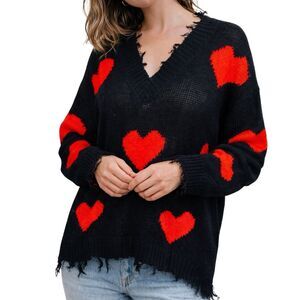 Sueter Black & Red Hearts Distressed Knit Sweater - Size XL